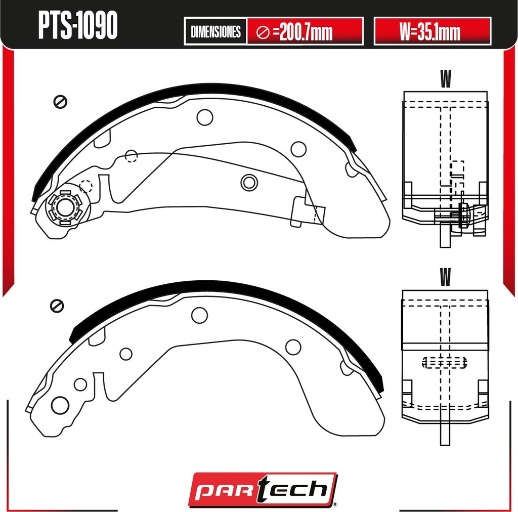 PA-PTS-1090 — BALATAS DE TAMBOR TRAS. CHEVROLET AVEO L4 1.5 GAS 2019-2023
