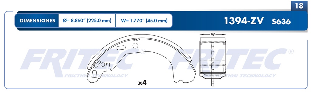 Zapata para freno de Tambor Fritec. Trasera Fritec OW-1394-ZV