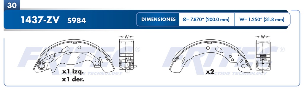 Zapata para freno de Tambor Fritec. Trasera Fritec OW-1437-ZV