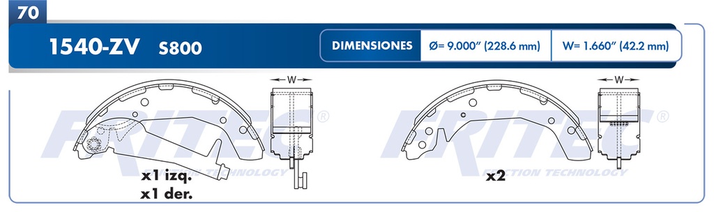 Zapata para freno de Tambor Fritec. Trasera Fritec OW-1540-ZV