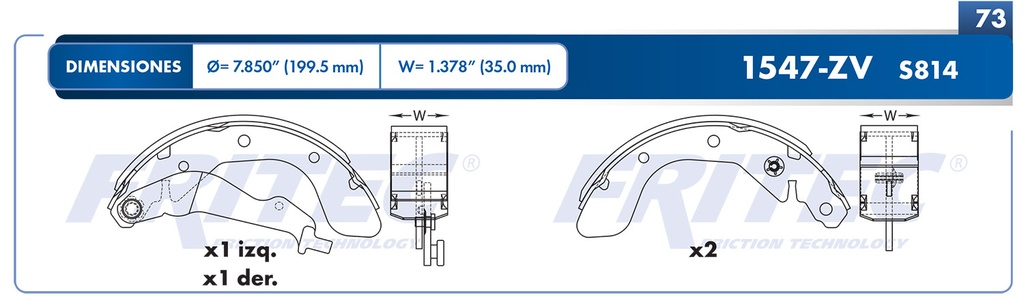 Zapata para freno de Tambor Fritec. Trasera Fritec OW-1547-ZV