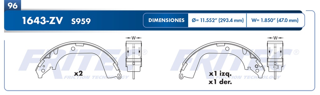 Zapata para freno de Tambor Fritec. Trasera Fritec OW-1643-ZV