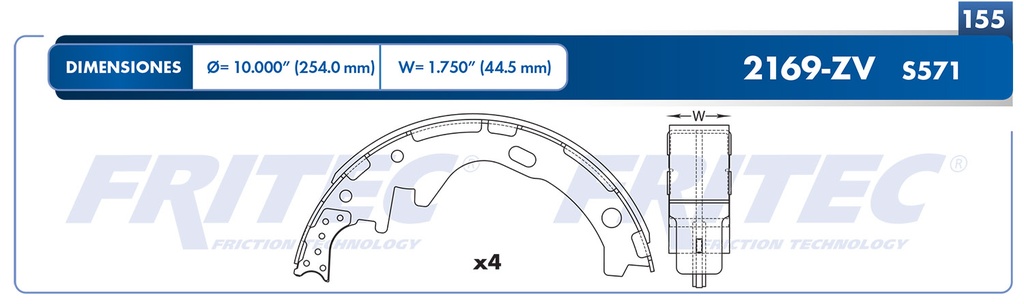 Zapata para freno de Tambor Fritec. Trasera Fritec OW-2169-ZV