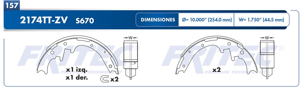 Zapata para freno de Tambor Fritec. Trasera Fritec OW-2174TT-ZV