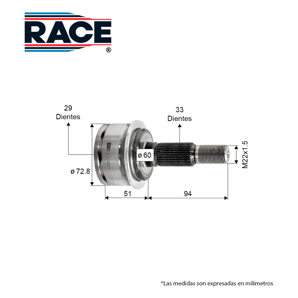 Junta Lado Rueda CHEVROLET Onix 1.0LT 21-22 TM. Izq/Der. Int. 29 - Ext. 33 Race RR-9595