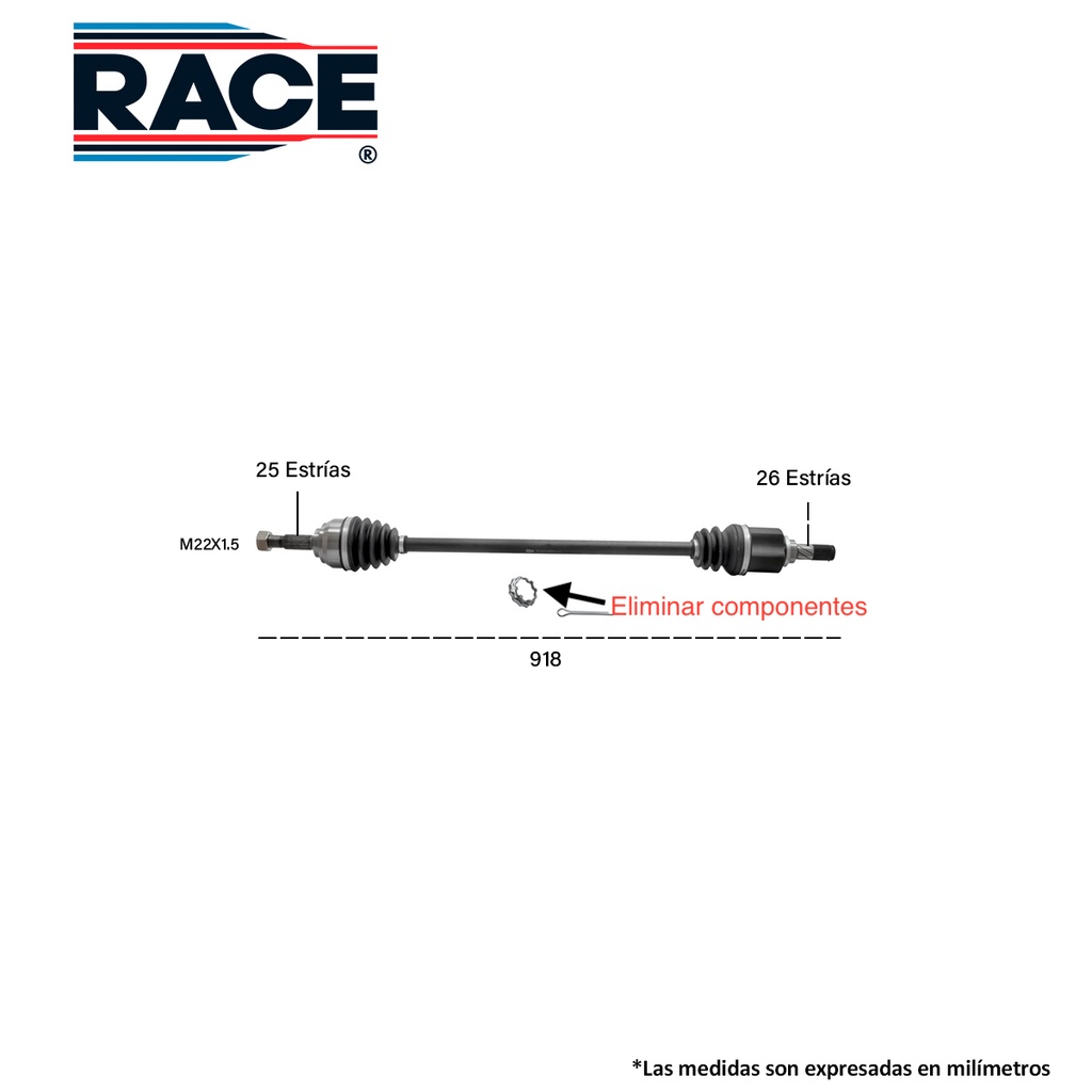 Flecha Completa March 1.6L 19-21 TM. Derecha. Est. Rueda 25 - Est. Caja 26 Race RF-8091